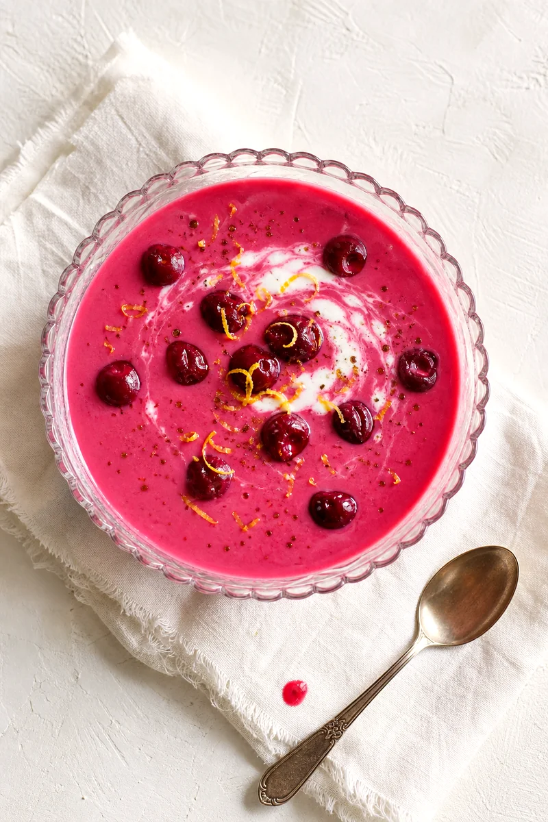 Top view of creamy sour cherry soup with whole cherries, yogurt swirl, and lemon zest