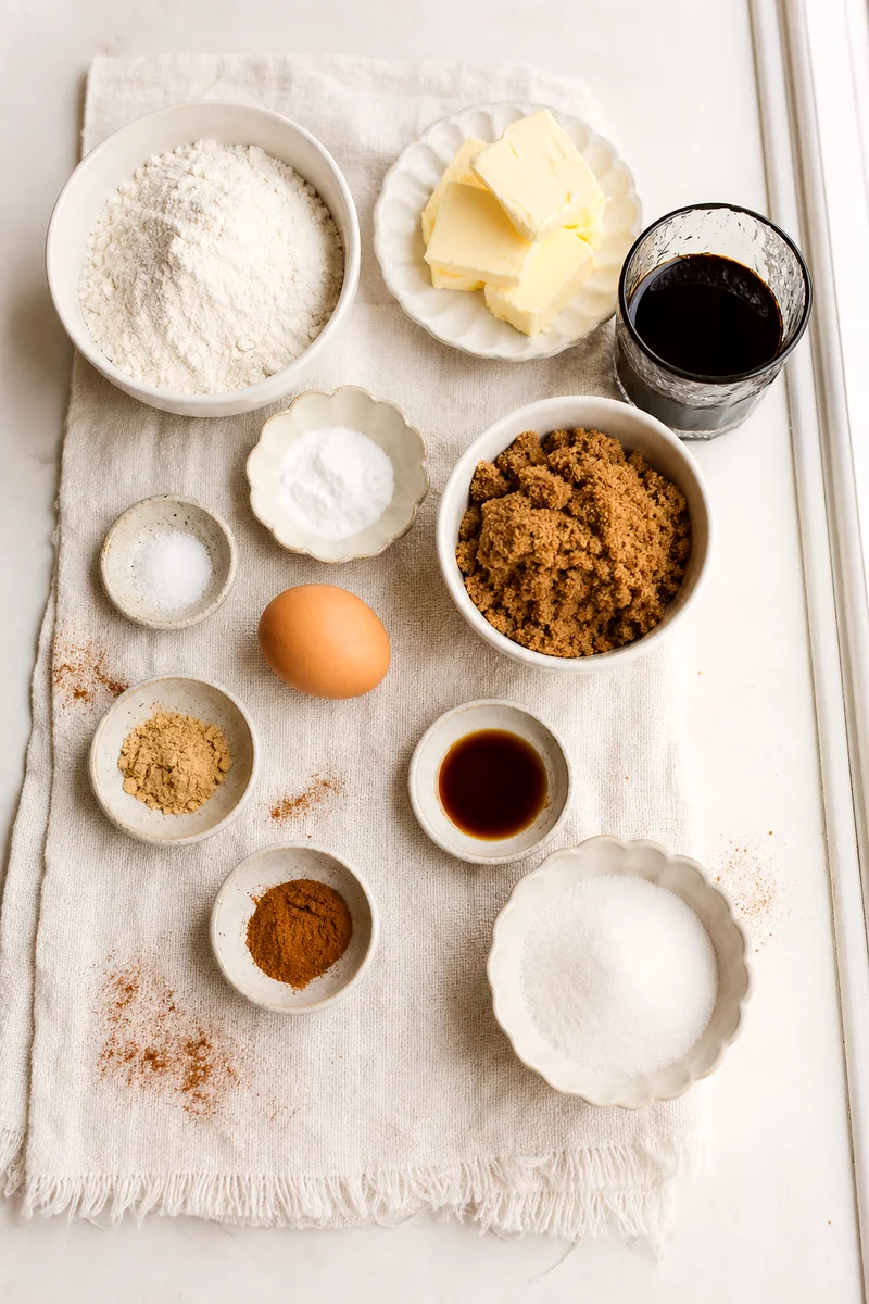 Measured flour, spices, butter, brown sugar, molasses, egg, vanilla, and granulated sugar arranged on white linen