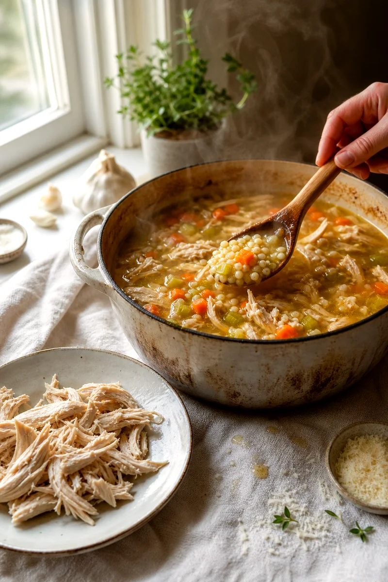 Pastina being stirred into simmering chicken broth with vegetables beside a plate of shredded chicken