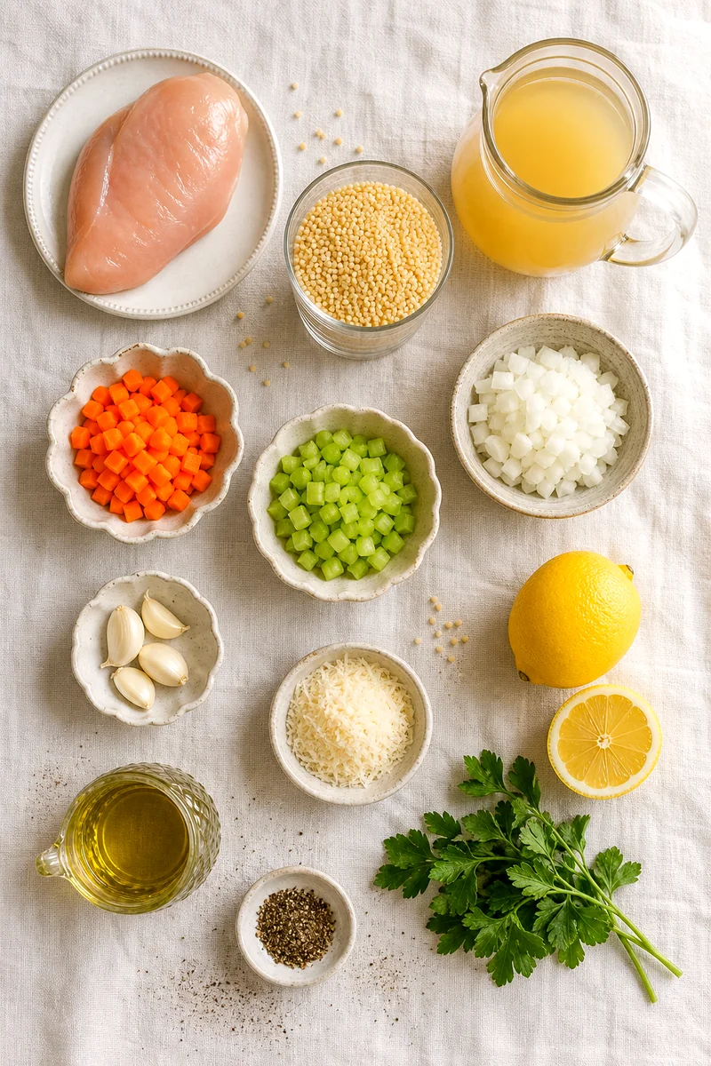Chicken breast, pastina, vegetables, broth, Parmesan, lemon, parsley, olive oil, and black pepper arranged on white linen
