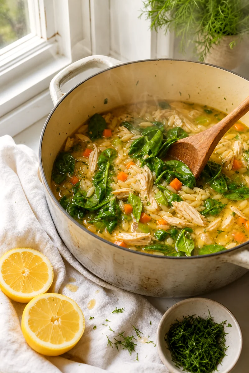 Fresh spinach being stirred into simmering chicken orzo soup with carrots and shredded chicken