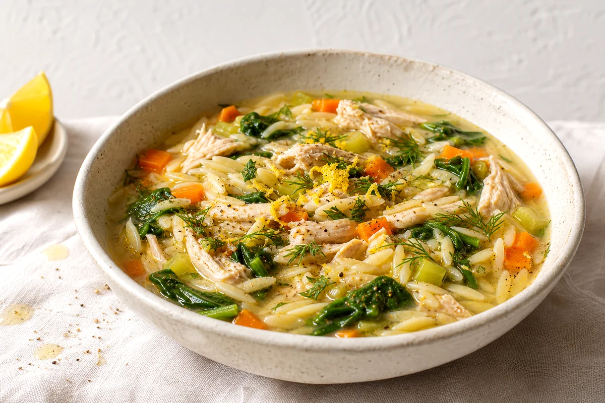 Bowl of lemon chicken orzo soup with spinach, carrots, dill, and shredded chicken on white linen