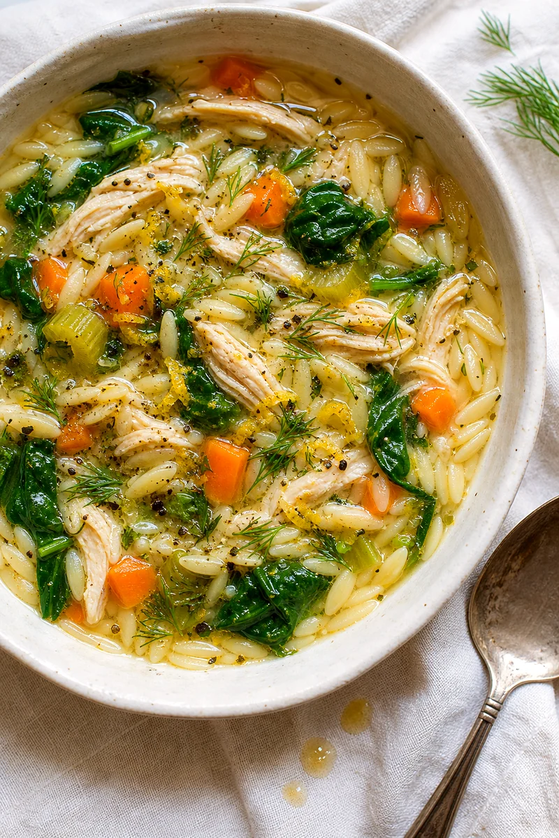 Top down bowl of lemon chicken orzo soup with spinach, dill, carrots, orzo, and shredded chicken
