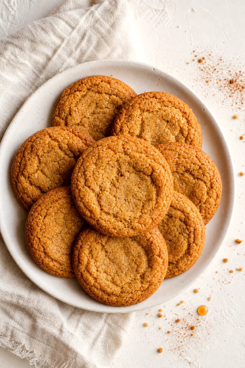 Overlapping maple brown sugar cookies with cracked tops and golden edges on a white plate