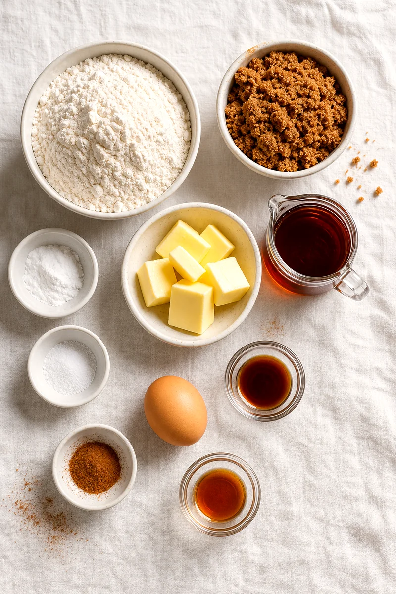 Measured flour, brown sugar, butter, maple syrup, egg, extracts, and spices on white linen