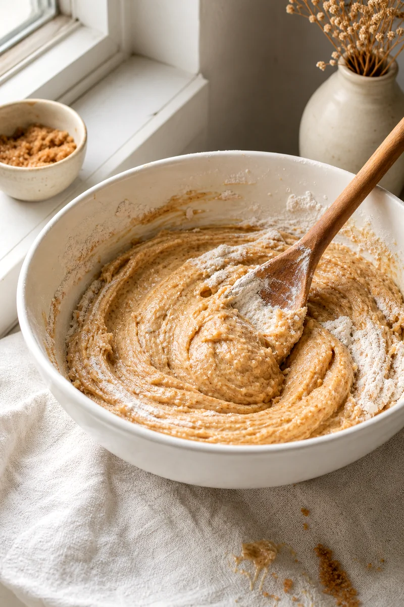Thick maple cookie dough being mixed in a white ceramic bowl on linen