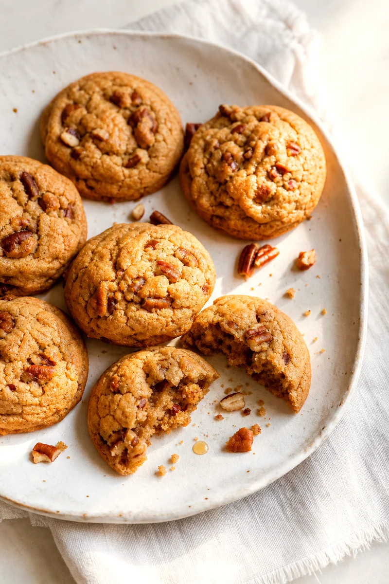 Maple pecan cookies on a white ceramic plate with one cookie broken open to show the chewy center