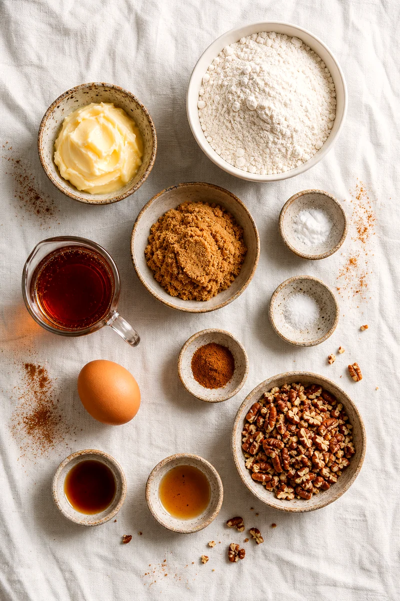 Measured cookie ingredients including flour, brown sugar, maple syrup, egg, extracts, cinnamon, butter, and pecans