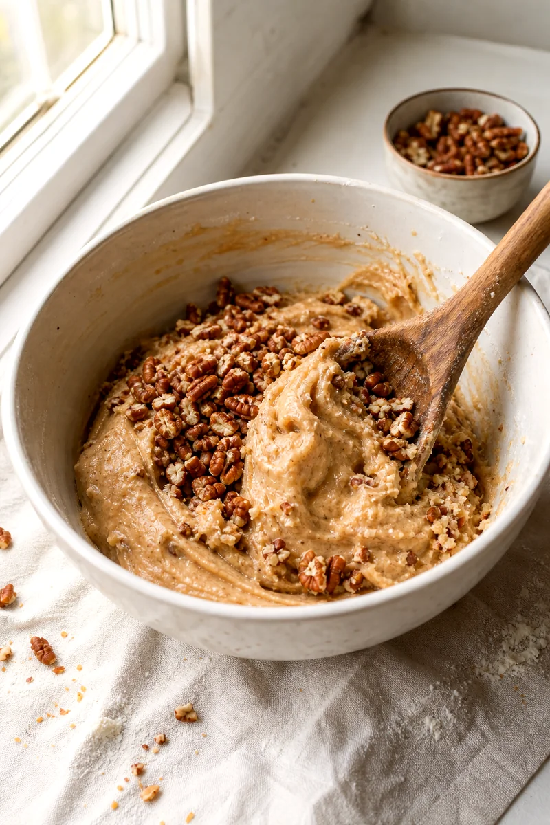 Wooden spoon folding chopped toasted pecans into maple cookie dough in a white ceramic bowl