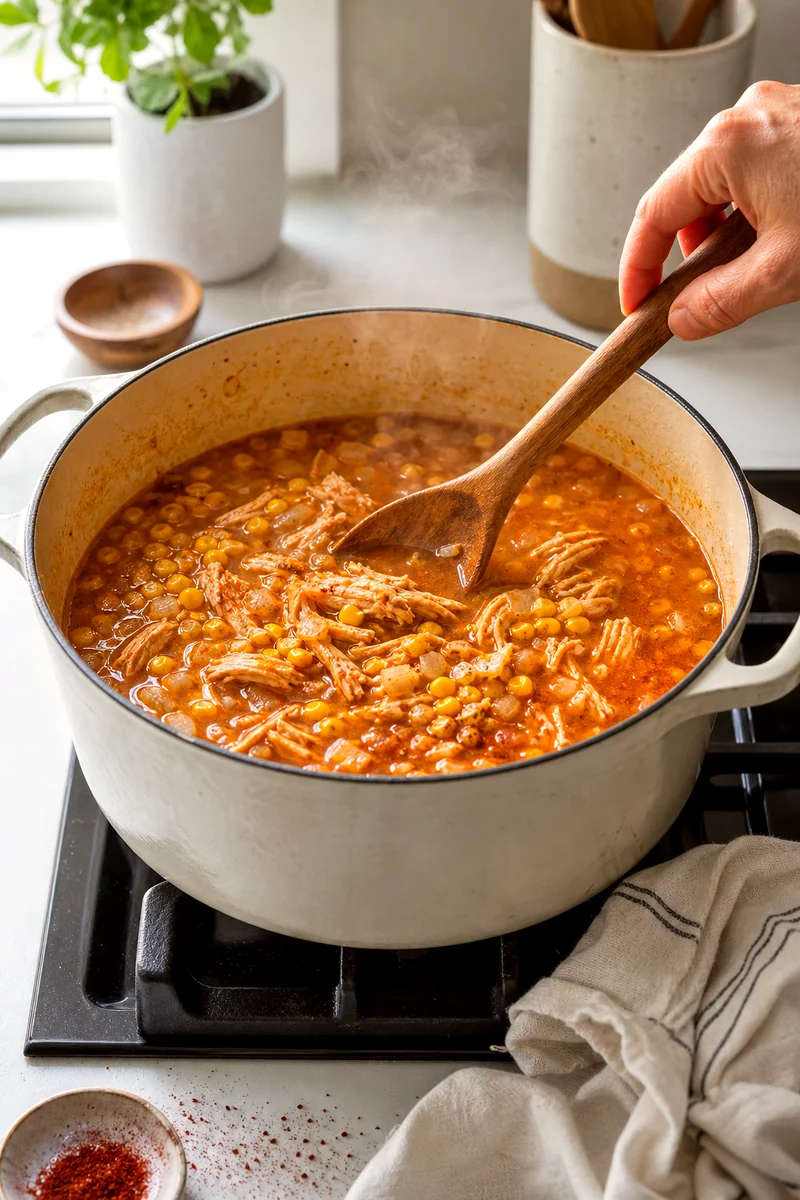 Chicken, corn, broth, onion, garlic, and smoky spices simmering in a light colored pot