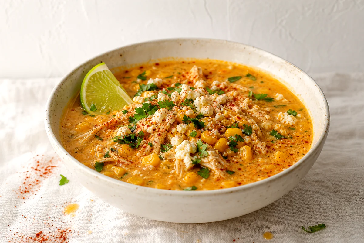 Creamy chicken and corn soup topped with cheese, cilantro, chili powder, and lime in a white ceramic bowl