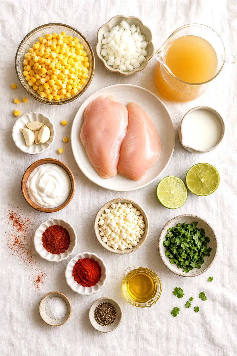 Chicken breast, corn, onion, garlic, broth, milk, yogurt, lime, spices, cheese, and cilantro arranged on white linen