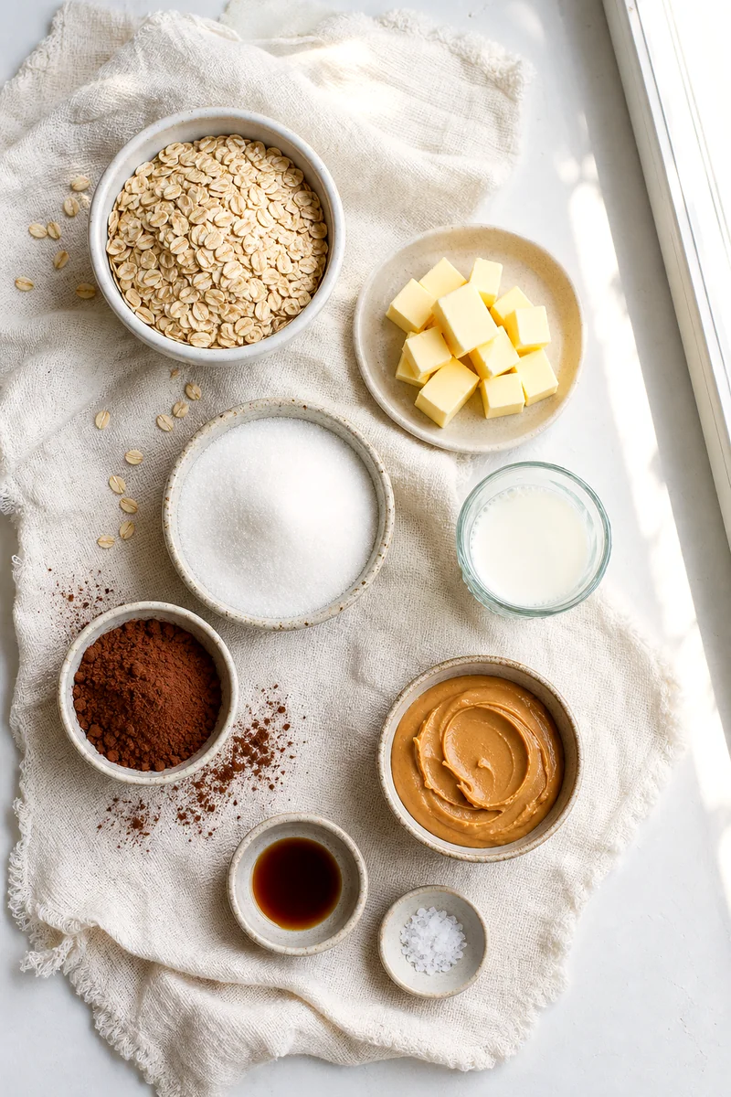 Rolled oats, cocoa, peanut butter, butter, sugar, milk, vanilla, and salt on white linen