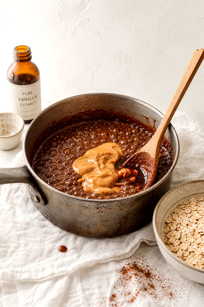 Wooden spoon stirring peanut butter into glossy cocoa mixture in a saucepan