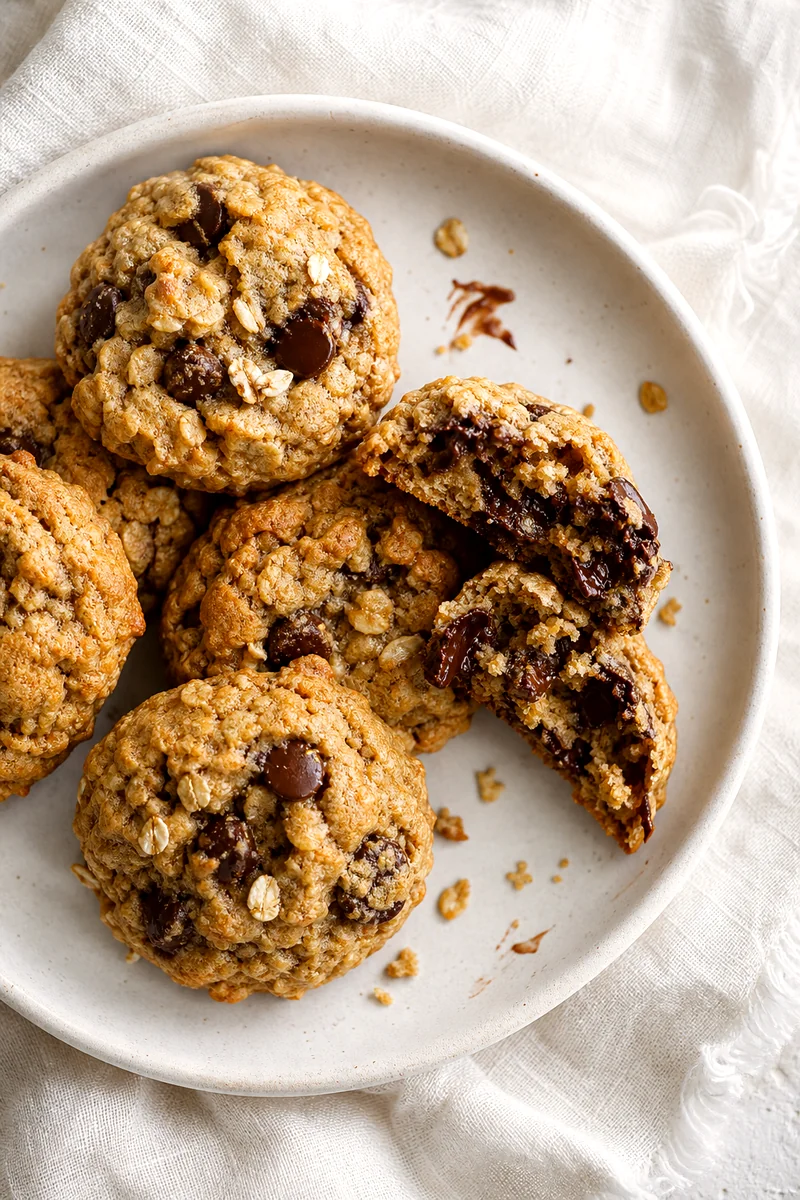 Broken oatmeal chocolate chip cookie showing a chewy center with oats and melted chocolate