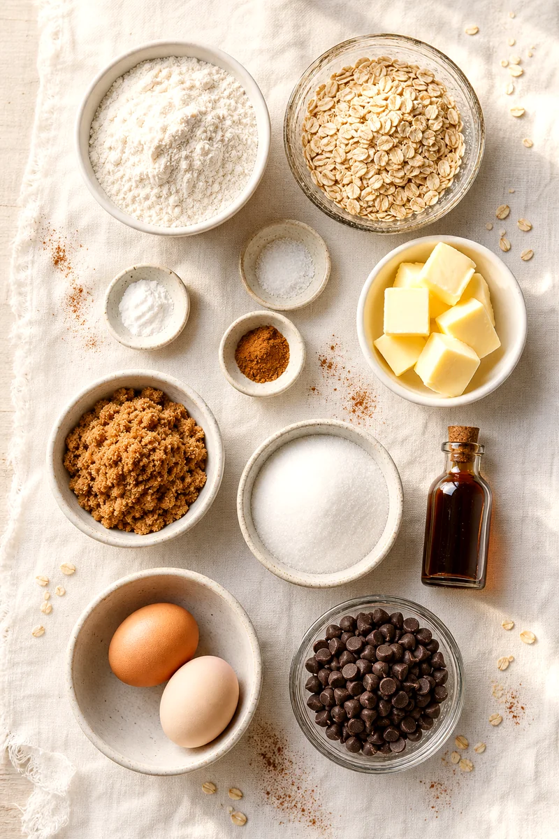 Cookie ingredients including rolled oats, flour, butter, sugars, eggs, vanilla, cinnamon, and chocolate chips