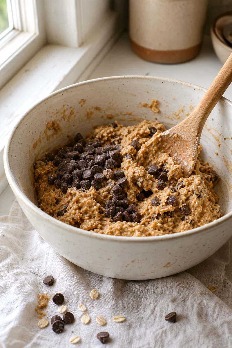 Wooden spoon folding chocolate chips into thick oatmeal cookie dough in a white bowl