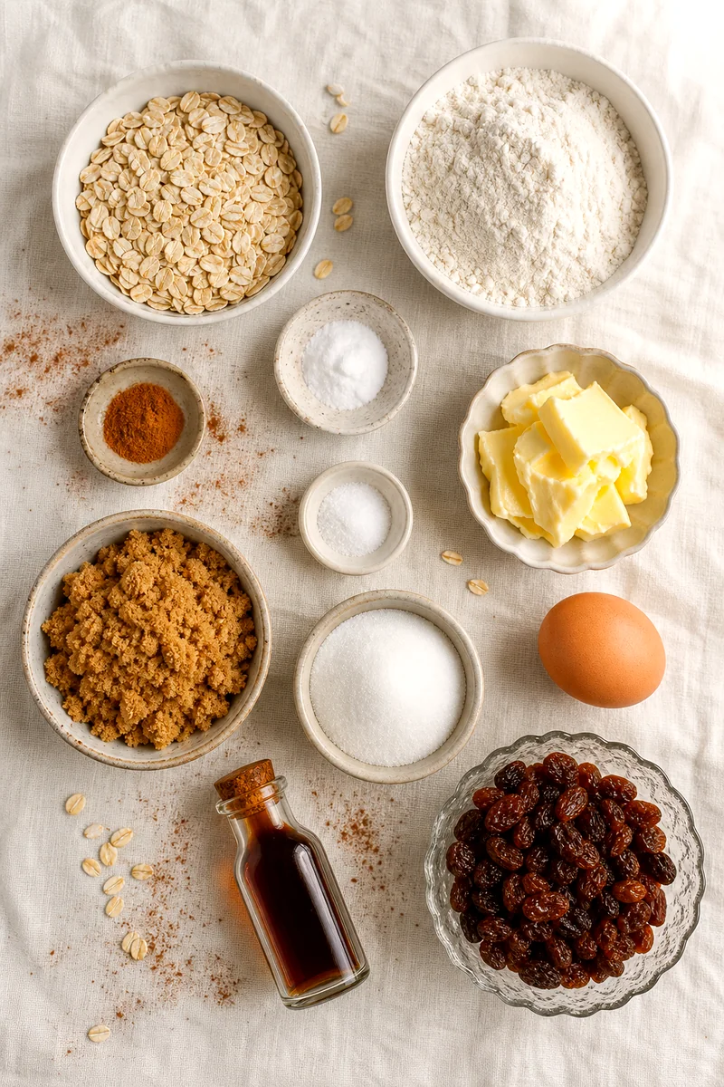 Flour, oats, sugars, butter, egg, vanilla, cinnamon, baking soda, salt, and raisins on white linen