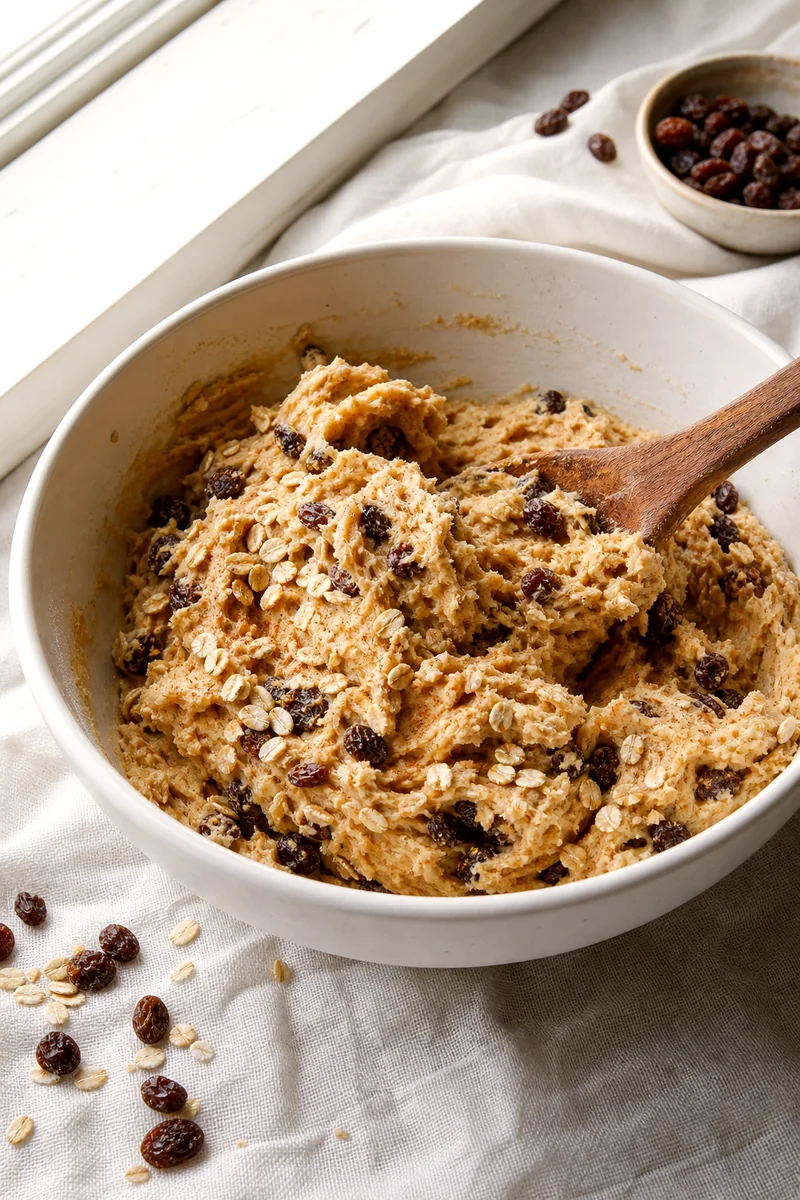 Wooden spoon folding oats and raisins into thick cinnamon cookie dough