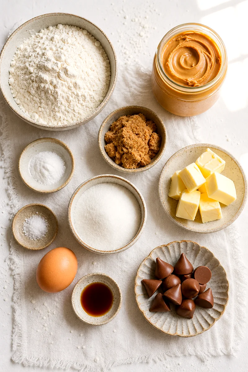 Flour, peanut butter, sugars, egg, vanilla, butter, and chocolate kisses arranged on white linen