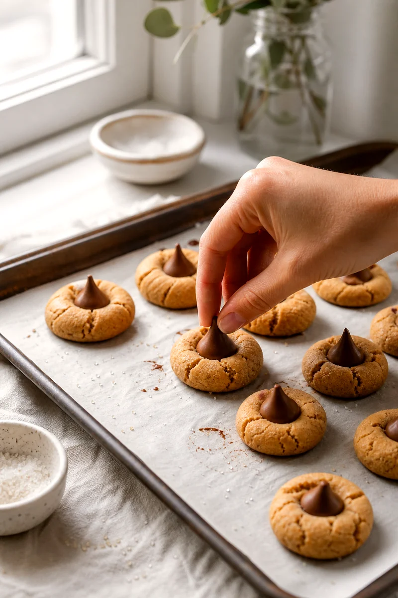 A hand presses a chocolate kiss into the center of a warm peanut butter cookie
