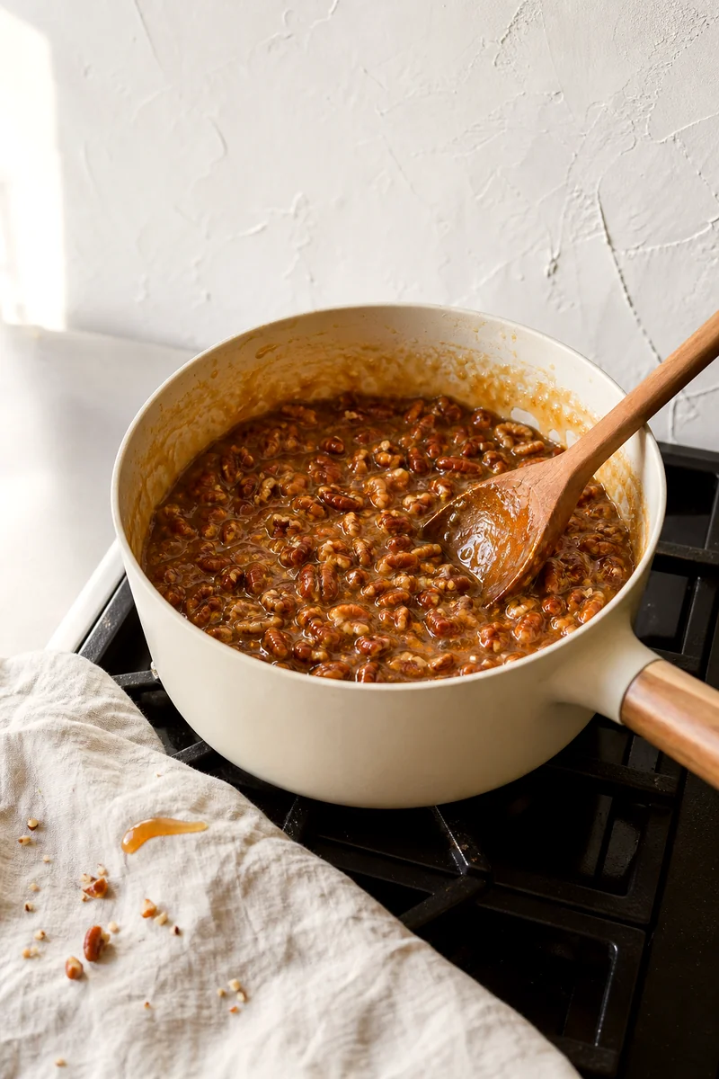 Chopped pecans simmering in glossy brown sugar filling as a wooden spoon stirs