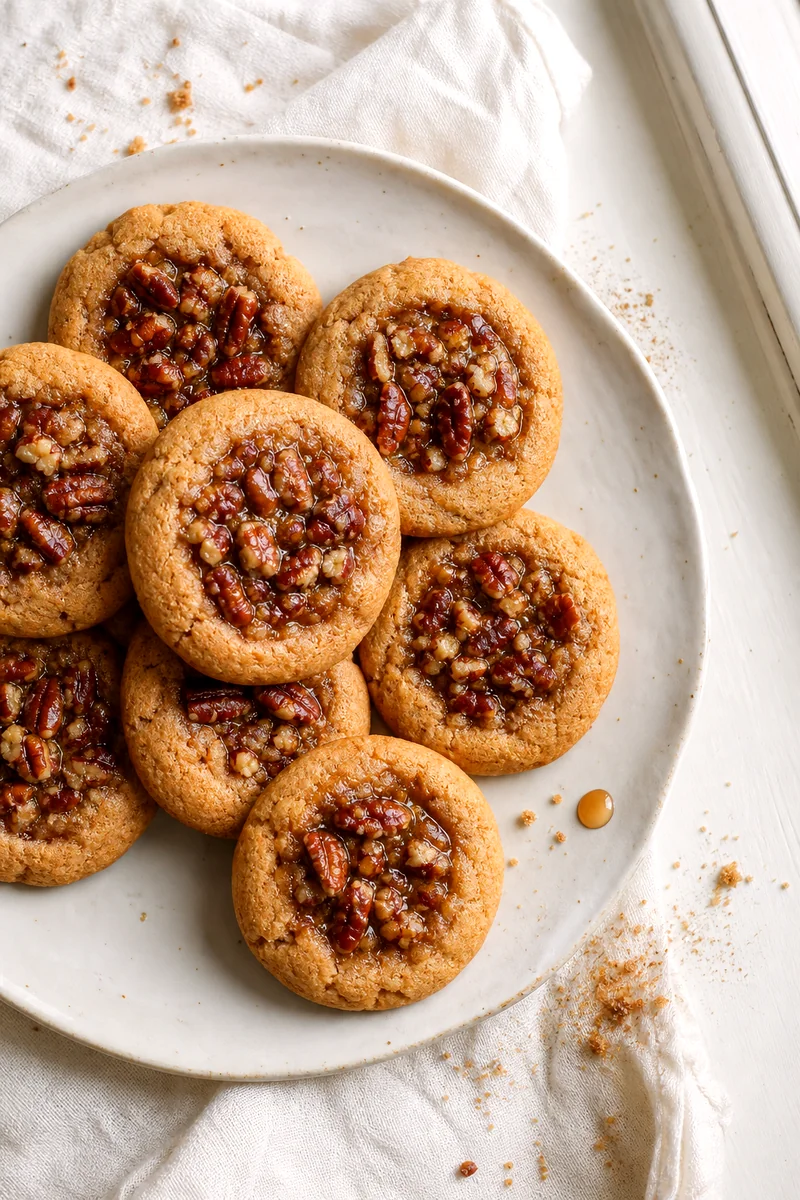 Soft golden pecan thumbprint cookies with glossy nut filling on a white plate