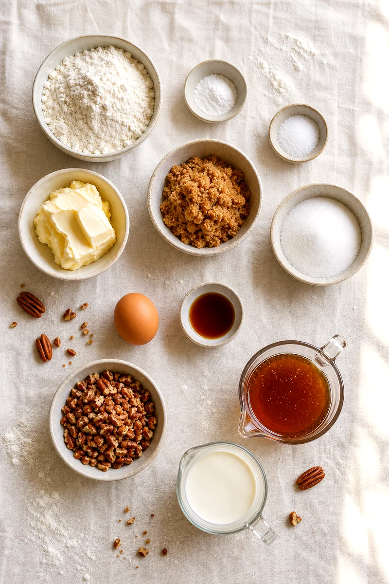 Measured flour, sugars, butter, egg, pecans, syrup, and cream arranged on white linen