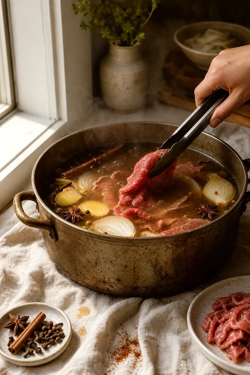 Thin beef slices being added to a pot of simmering spiced beef broth