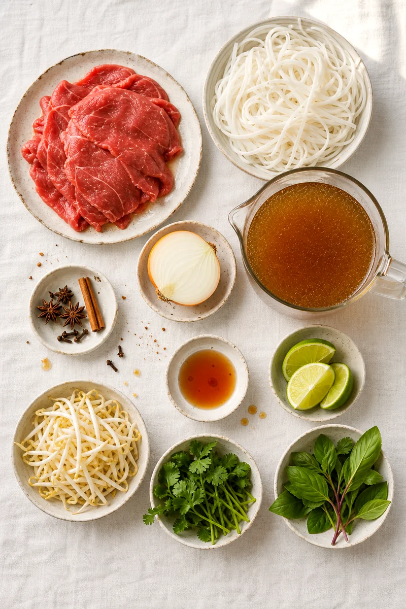 Rice noodles, sliced beef, broth, aromatics, spices, herbs, sprouts, and lime arranged on white linen