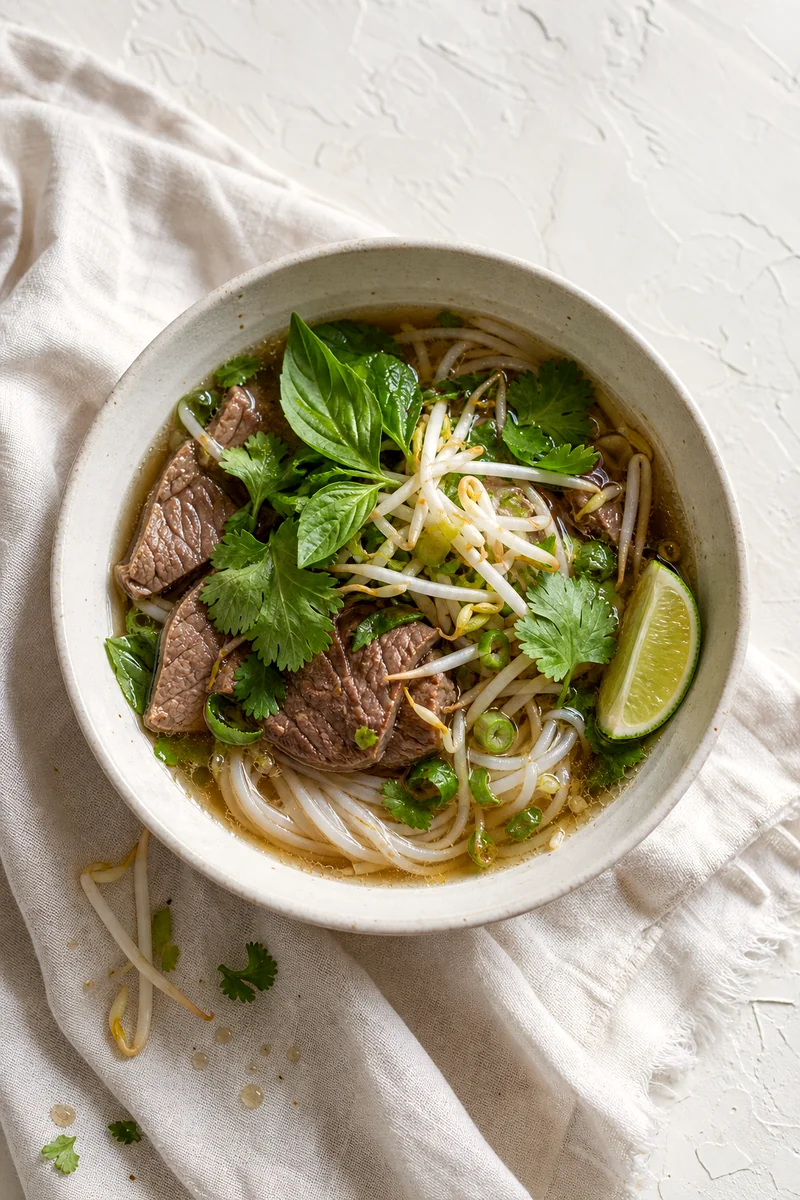 Top view of beef noodle soup with herbs, sprouts, lime, and rice noodles in a white bowl