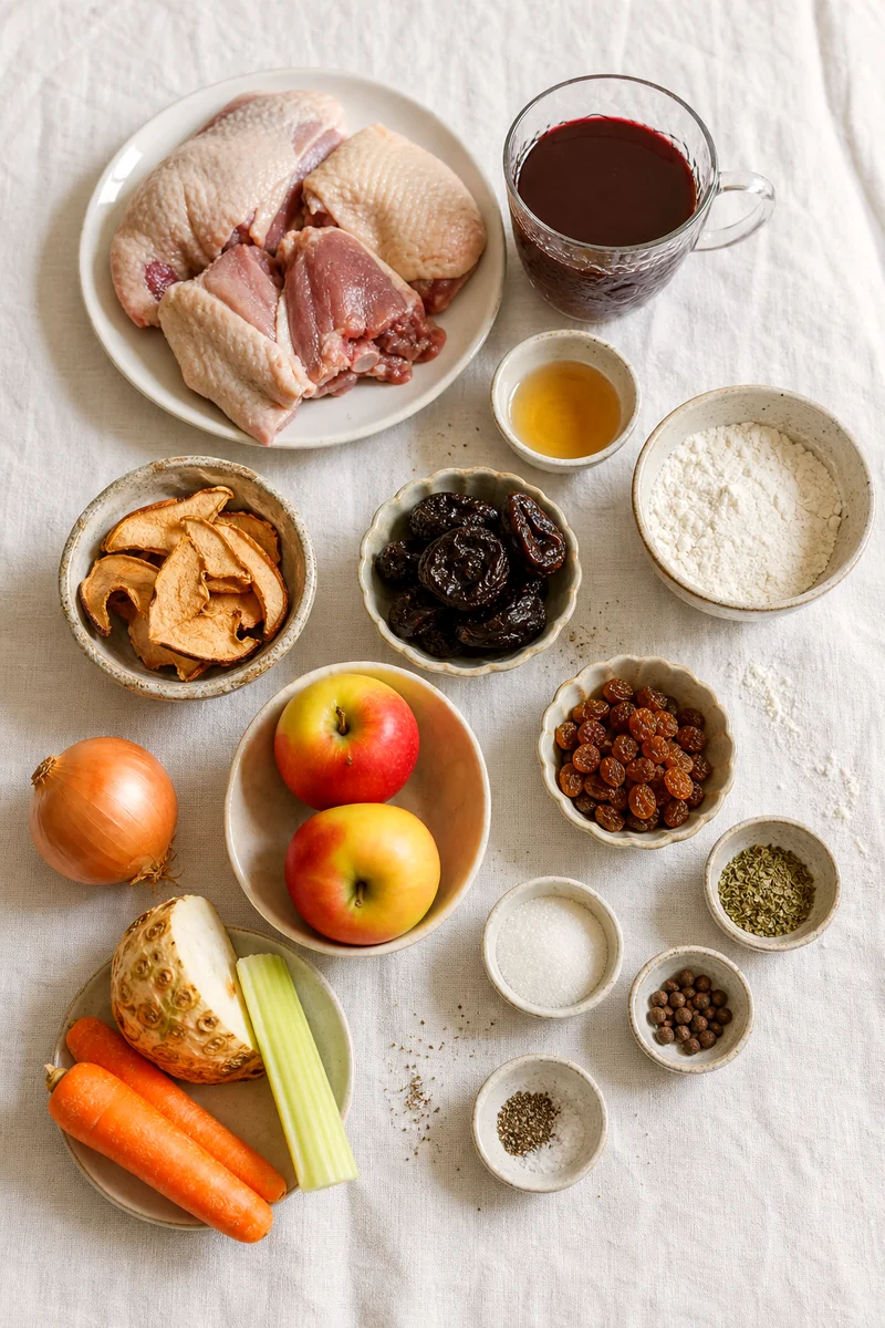 Duck pieces, duck blood, dried fruit, vegetables, vinegar, flour, and spices arranged on white linen
