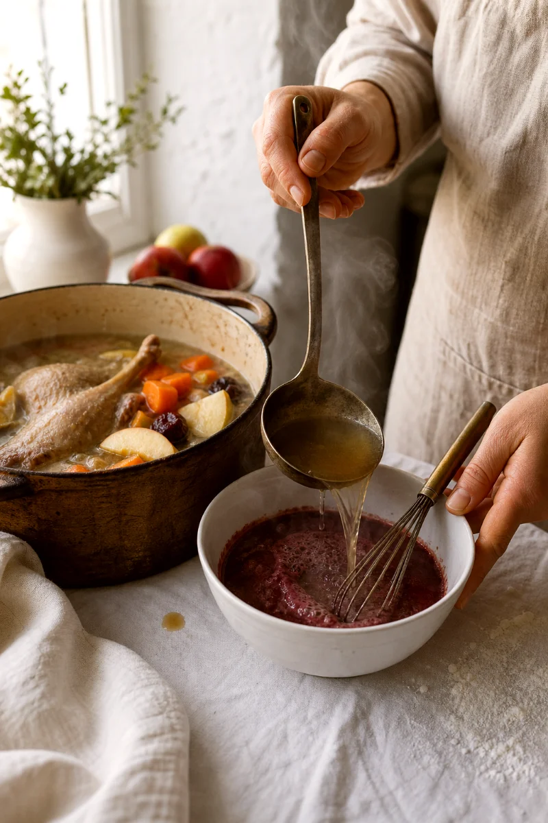 Hot broth being whisked into a dark duck blood mixture beside a simmering soup pot