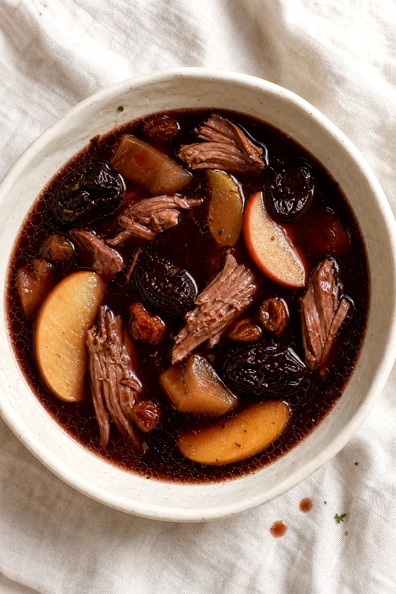 Top down view of glossy duck blood soup with duck meat and fruit in a white bowl