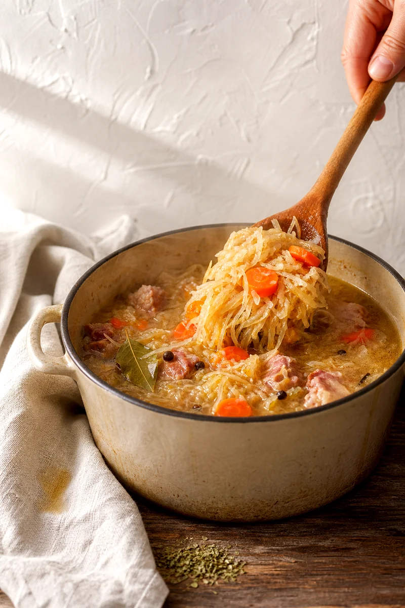 Sauerkraut and carrots stirred into simmering smoked pork soup