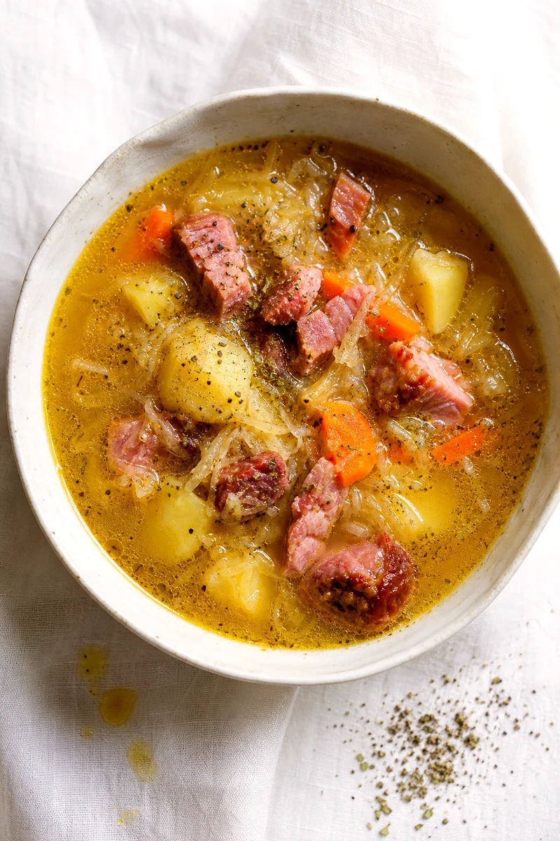 Top view of sauerkraut soup with smoked pork, potatoes, carrots, and golden broth