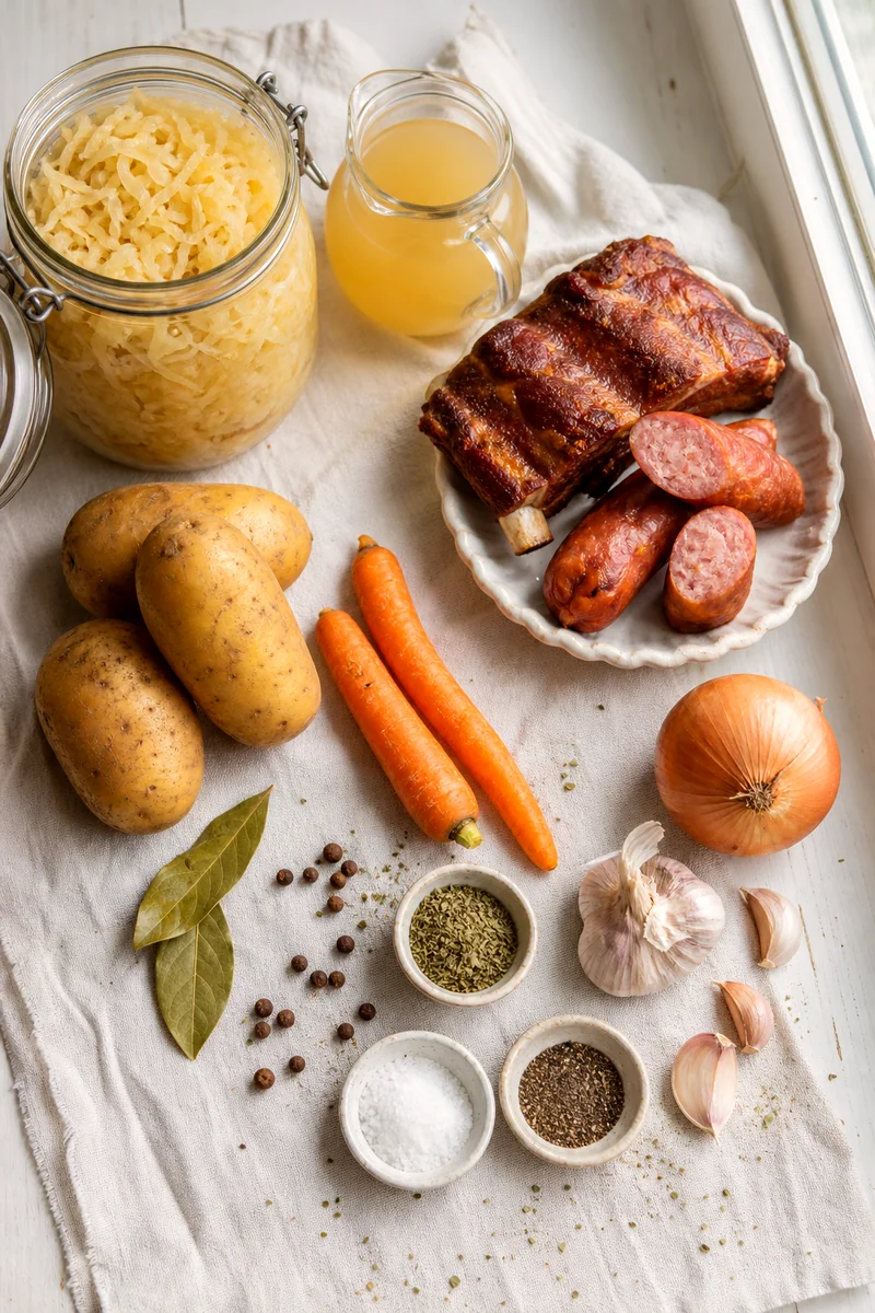 Sauerkraut, smoked pork, potatoes, carrots, onion, garlic, broth, and spices on white linen