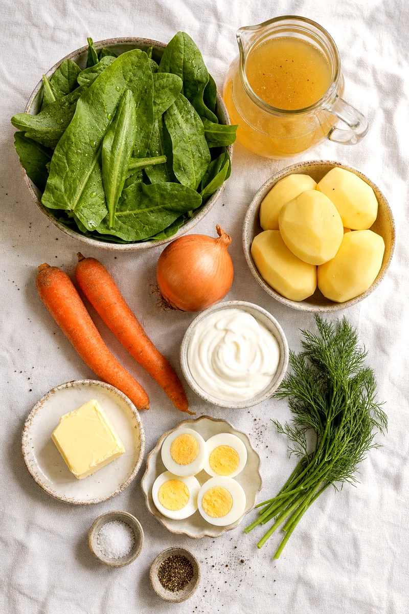 Fresh sorrel, potatoes, carrots, onion, sour cream, eggs, dill, butter, broth, salt, and pepper arranged on white linen