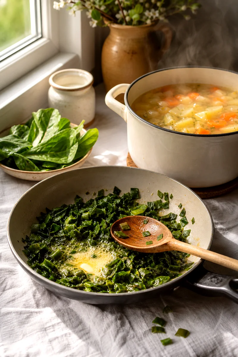 Fresh sorrel wilting in butter beside a pot of simmering potatoes, carrots, and onion