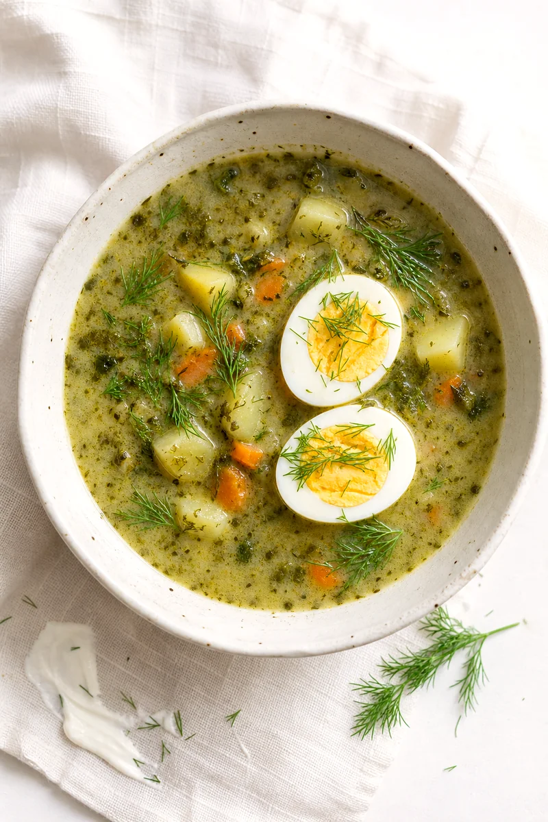 Top down view of creamy sorrel potato soup with egg halves and dill in a white bowl