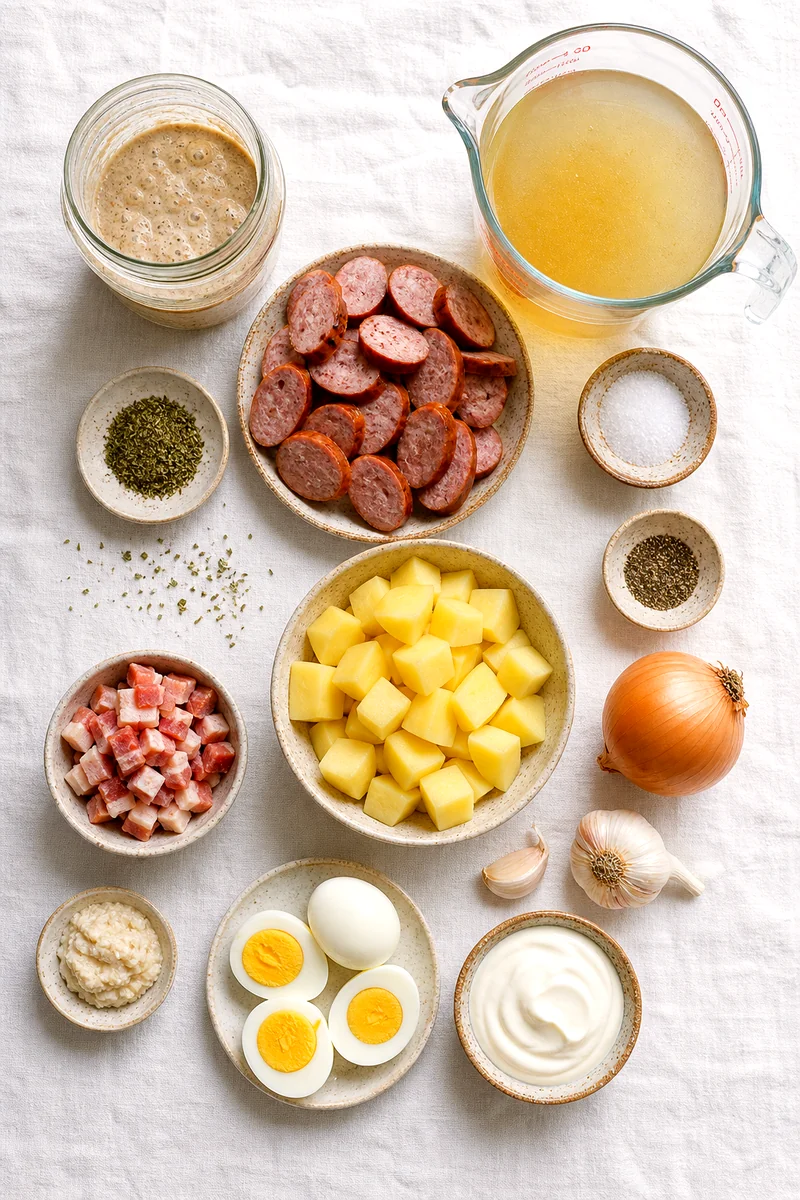 Rye starter, Polish sausage, bacon, potatoes, onion, garlic, marjoram, horseradish, eggs, sour cream, and broth on white linen