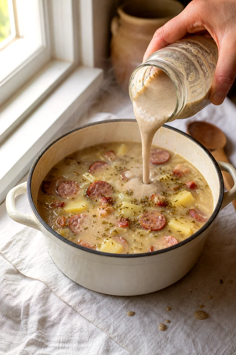 Fermented rye starter being poured into simmering soup with sausage, potatoes, bacon, and marjoram