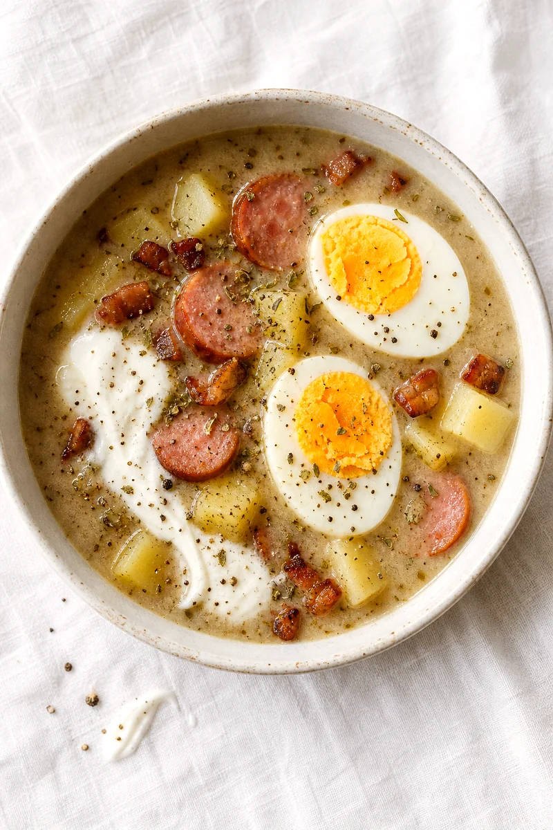 Top down bowl of creamy sour rye soup with sausage, potatoes, bacon, sour cream, marjoram, and halved egg