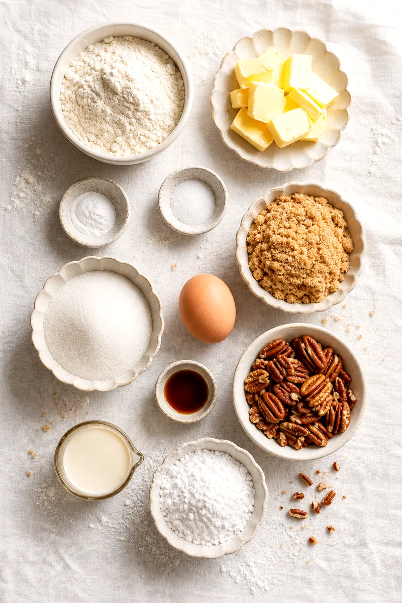 Measured flour, sugars, butter, egg, vanilla, pecans, cream, and powdered sugar arranged on white linen