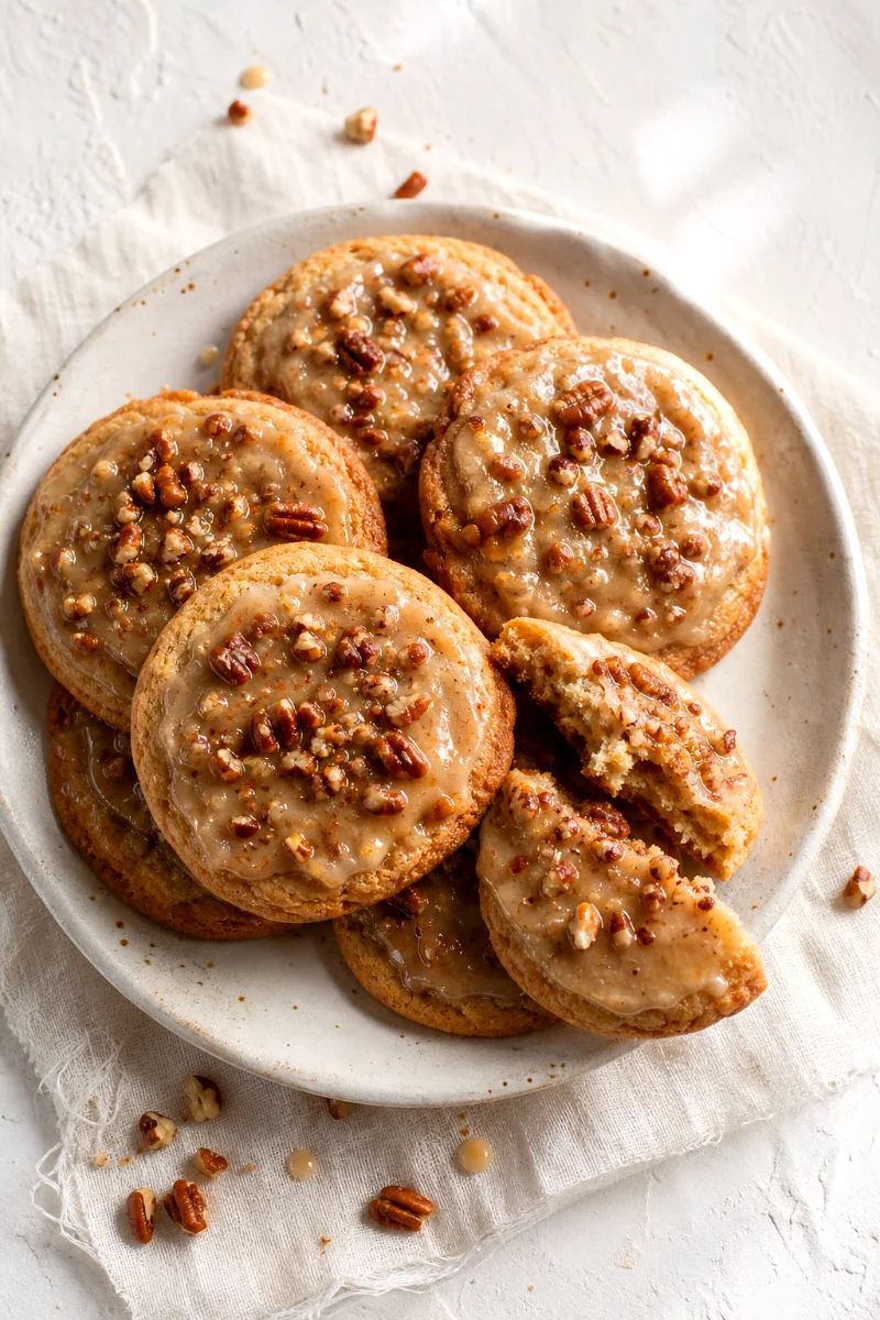Praline pecan cookies with set icing, toasted pecans, and one broken cookie showing a soft center