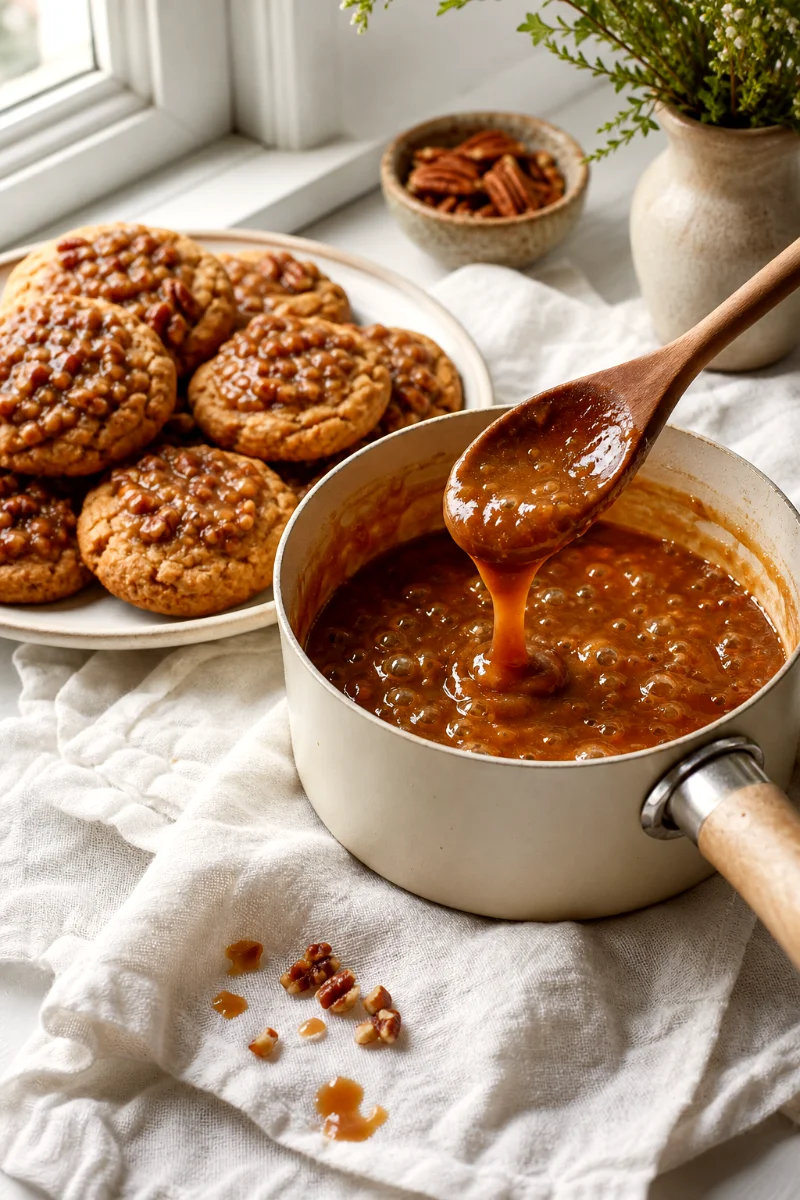 Glossy brown sugar praline topping bubbling in a saucepan beside cooled pecan cookies