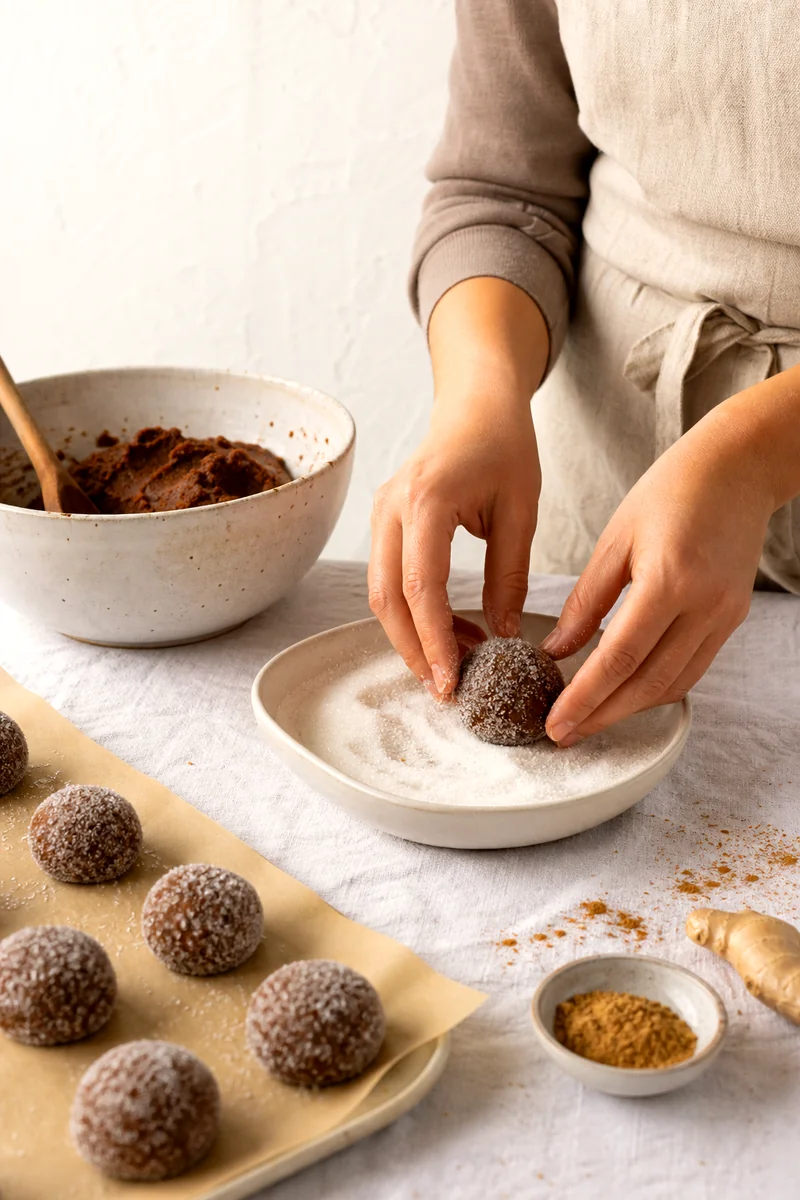 Hands rolling dark molasses cookie dough in granulated sugar beside prepared dough balls