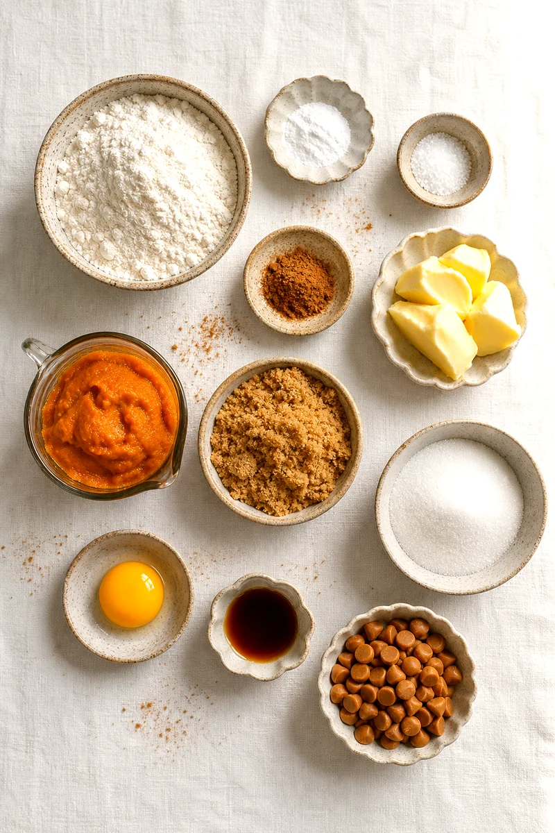 Measured flour, pumpkin puree, sugars, butter, spices, egg yolk, vanilla, and caramel bits on white linen