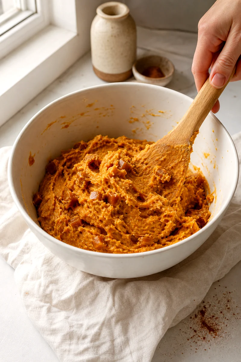 Wooden spatula folding caramel bits into orange pumpkin cookie dough in a white bowl