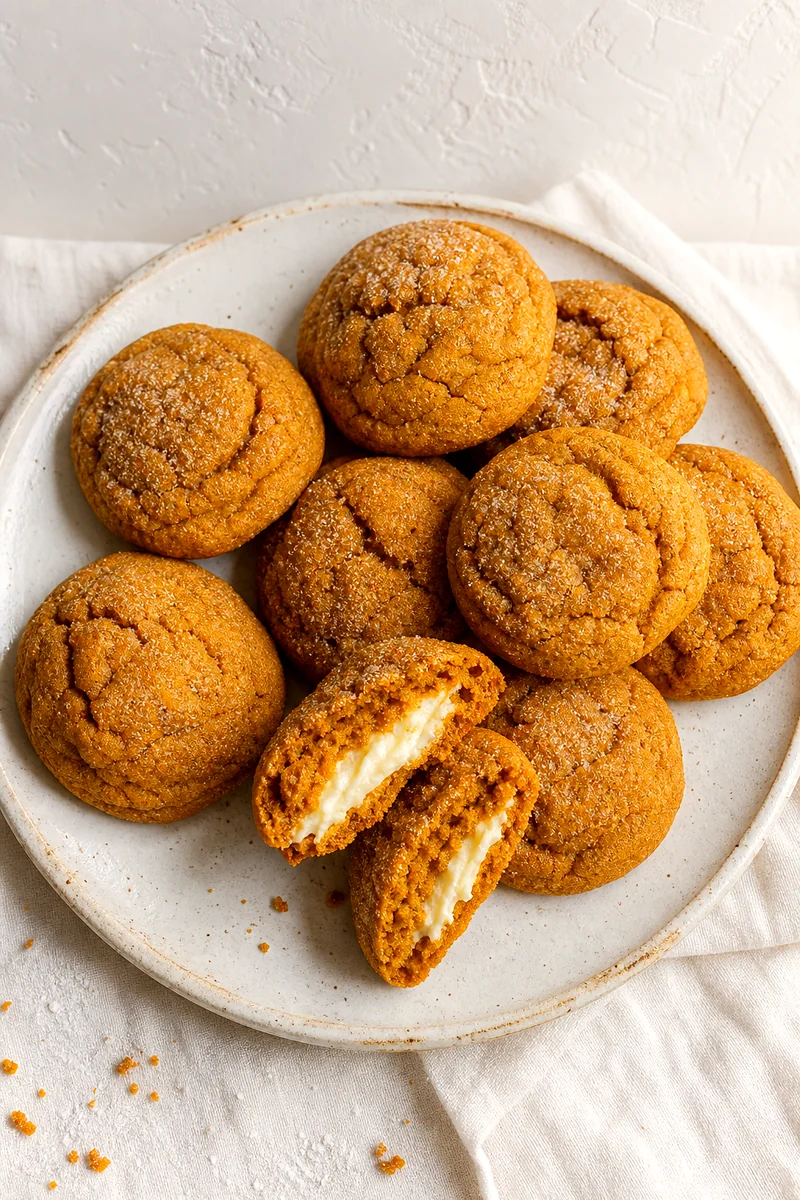Fresh baked pumpkin cheesecake cookies with one split open to show the filling